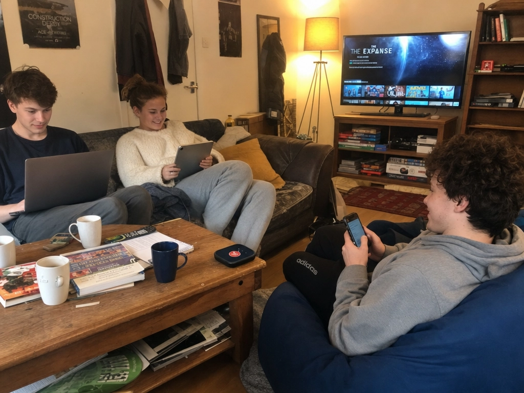 Students using multiple devices together in a shared house