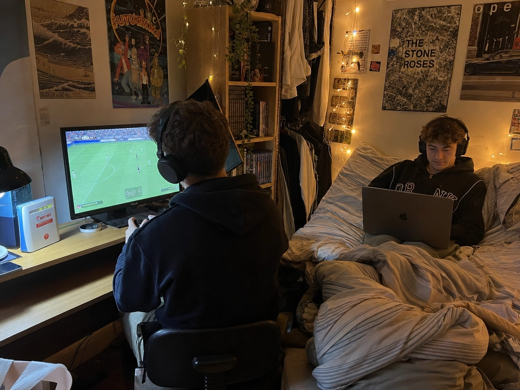 Students gaming and streaming in a shared bedroom
