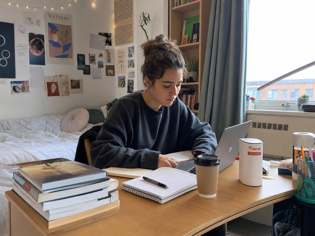 Student studying with a Next Day Broadband router in a dorm room